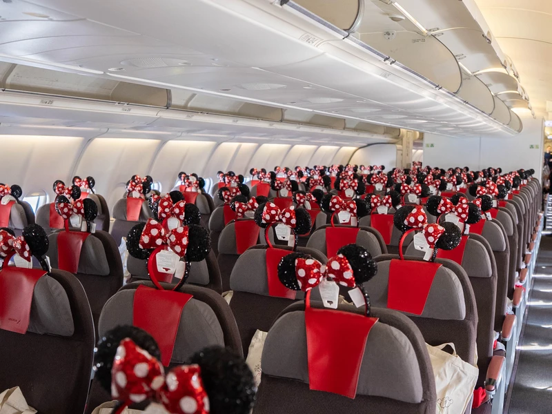 Asientos del vuelo inaugural entre Madrid y Orlando decorados con motivos de Walt Disney World. Foto: Iberia.