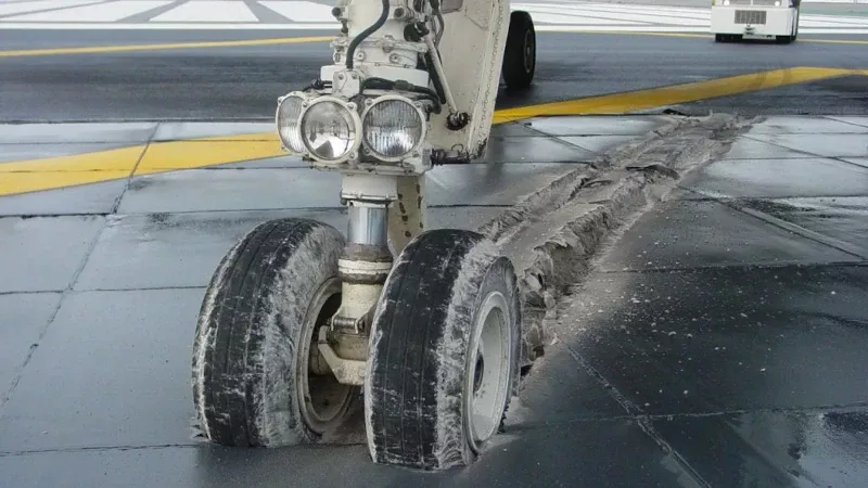 Rueda de avin hundida en un sistema de frenado de emergencia EMAS. Foto: FAA