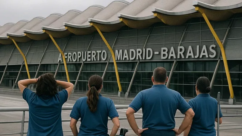 Imagen de operarios de limpieza en la Terminal 4 del Aeropuerto de Madrid Barajas generada con IA.