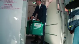 Un tripulante de cabina introduce en un avin de Iberia una nevera con un rgano para ser trasplantado.