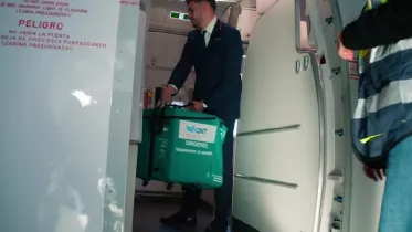 Un tripulante de cabina introduce en un avin de Iberia una nevera con un rgano para ser trasplantado.