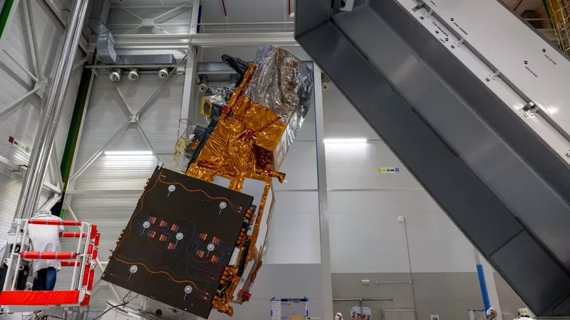El satlite meteorolgico y climtico MetOp-SG A1 ha salido de la sala limpia hacia la plataforma de lanzamiento. Foto: Airbus 