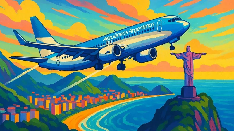 Ilustracin de un Avin de Aerolneas Argentinas junto al Cristo Redentor y la costa.