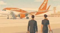 Ilustracin de tripulantes de cabina de EasyJet junto a una aeronave de la compaa.