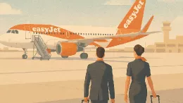 Ilustracin de tripulantes de cabina de EasyJet junto a una aeronave de la compaa.