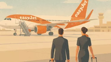 Ilustracin de tripulantes de cabina de EasyJet junto a una aeronave de la compaa.