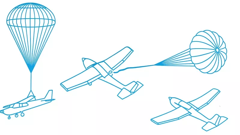 Representacin del funcionamiento del paracadas balstico de BRS Aerospace en un avin pequeo. Imgenes: BRS Aerospace