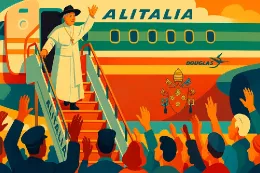 Ilustracin de un Papa descendiendo de una aeronave de Alitalia adornada con el escudo de armas del Vaticano.