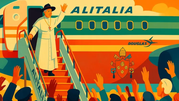 Ilustracin de un Papa descendiendo de una aeronave de Alitalia adornada con el escudo de armas del Vaticano.