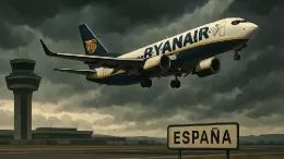Ilustracin generada con IA de un avin de Ryanair en un aeropuerto Espaol.
