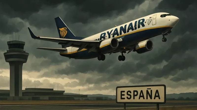 Ilustracin generada con IA de un avin de Ryanair en un aeropuerto Espaol.