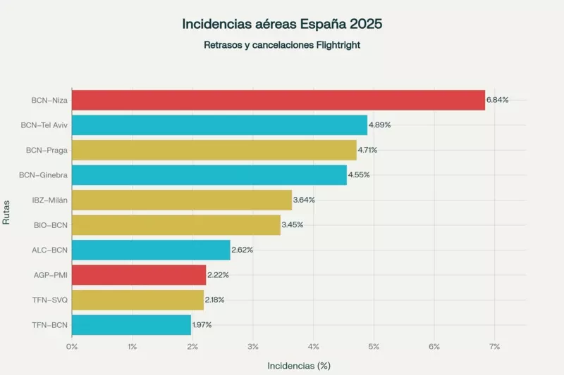 Rutas con ms incidencias areas en Espaa  Verano 2025, segn Flightright