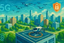Ilustracin de ciudad con drones en rutas digitales, con vertipuerto urbano sencillo y tecnologa 5G integrada.