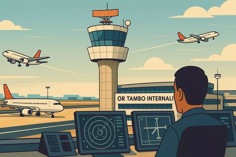 Imagen generada con IA de un supuesto centro de control de torre en el Aeropuerto OR Tambo en Johannesburgo.