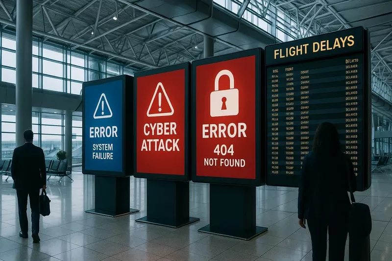 Imagen generada con IA un aeropuerto europeo afectado por un ciberataque con sistemas interrumpidos.
