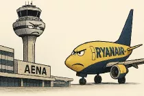Ilustracin generada con IA representando la disputa entre la infraestructura aeroportuaria de Aena y Ryanair.