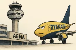 Ilustracin generada con IA representando la disputa entre la infraestructura aeroportuaria de Aena y Ryanair.