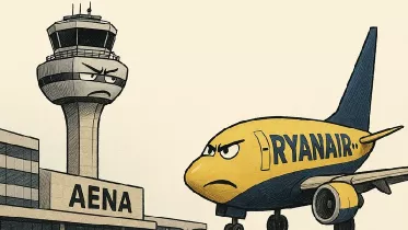 Ilustracin generada con IA representando la disputa entre la infraestructura aeroportuaria de Aena y Ryanair.