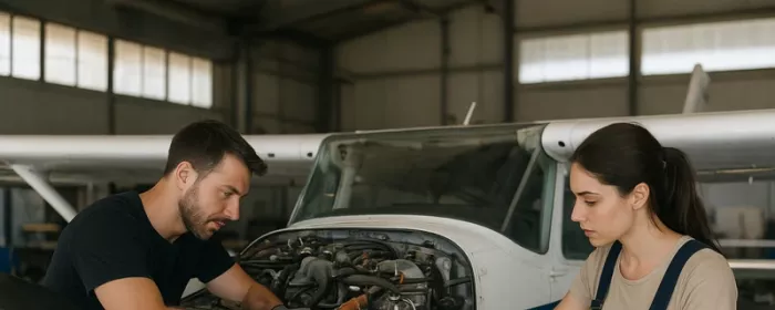 Un chico y una chica realizando un mantenimiento aeronutico. Foto: Aviation Group