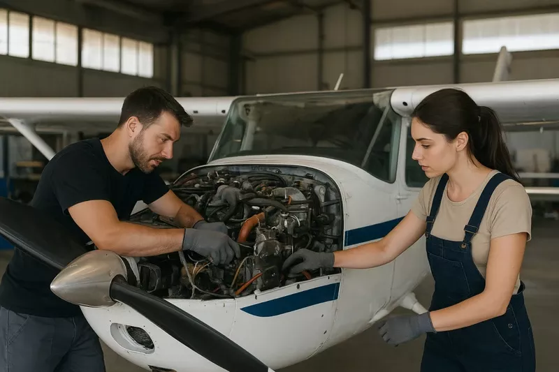 Un chico y una chica realizando un mantenimiento aeronutico. Foto: Aviation Group