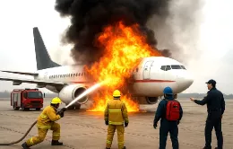Avión siendo apagado por bomberos tras un incidente. Foto: Aviation Group