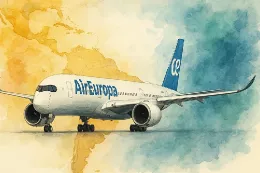 Ilustracin generada con IA de una Aeronave A350-900 con la decoracin de Air Europa. 