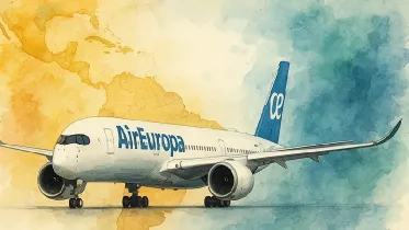Ilustracin generada con IA de una Aeronave A350-900 con la decoracin de Air Europa. 