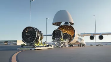 Recreacin por ordenador del futuro avin de carga WindRunner, durante su proceso de carga. Foto: Radia