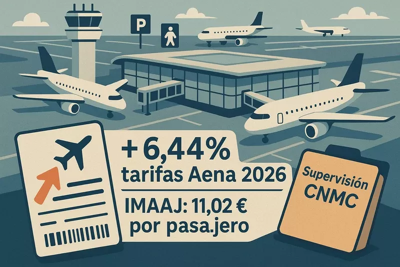 Ilustracin generada con IA sobre el incremento de tarifas de Aena en 2026. 