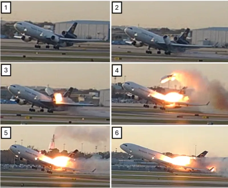 Secuencia del desprendimiento del motor que desencadenó el accidente del McDonnell Douglas MD-11F. Secuencia del desprendimiento del motor que desencadenó el accidente del McDonnell Douglas MD-11F.