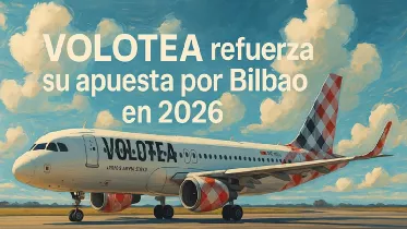 Ilustracin generada con IA de un avin de Volotea.