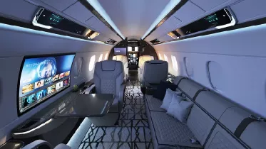 Foto del interior del nuevo Praetor 600E con la primera ventana inteligente del sector, Smart Window. Foto: Embraer.