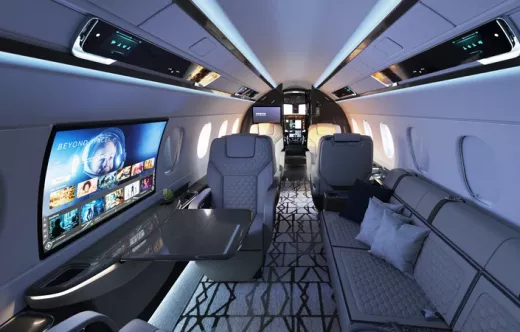 Foto del interior del nuevo Praetor 600E con la primera ventana inteligente del sector, Smart Window. Foto: Embraer.