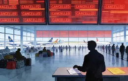 Ilustración generada con IA sobre cancelaciones de aviones en aeropuertos.