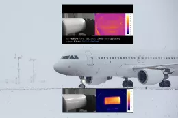 Composici�n de im�genes con un avi�n en clima h�lido, junto a representaciones de c�mo act�a la tecnolog�a desarrollada en el proyecto COAT-IPS para evitar que se congele su superficie. Foto: AIMPLAS