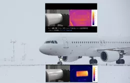 Composición de imágenes con un avión en clima hélido, junto a representaciones de cómo actúa la tecnología desarrollada en el proyecto COAT-IPS para evitar que se congele su superficie. Foto: AIMPLAS