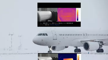 Composici�n de im�genes con un avi�n en clima h�lido, junto a representaciones de c�mo act�a la tecnolog�a desarrollada en el proyecto COAT-IPS para evitar que se congele su superficie. Foto: AIMPLAS