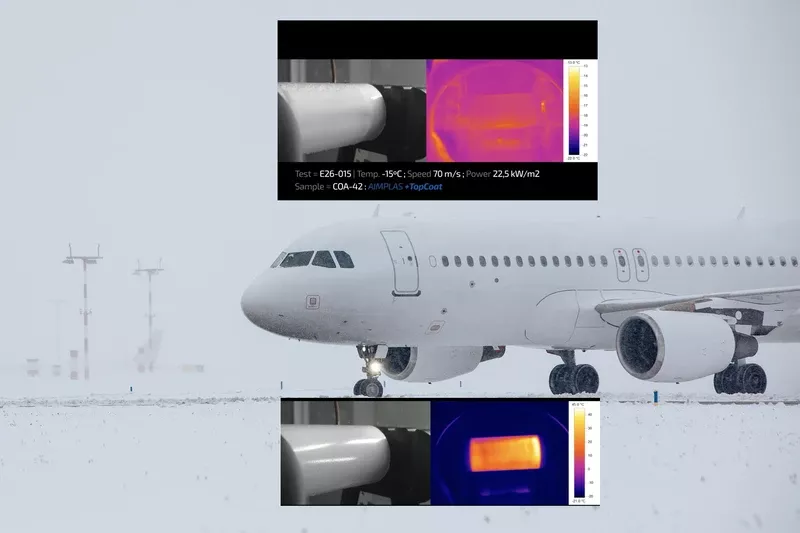Composición de imágenes con un avión en clima hélido, junto a representaciones de cómo actúa la tecnología desarrollada en el proyecto COAT-IPS para evitar que se congele su superficie. Foto: AIMPLAS Composición de imágenes con un avión en clima hélido, junto a representaciones de cómo actúa la tecnología desarrollada en el proyecto COAT-IPS para evitar que se congele su superficie. Foto: AIMPLAS