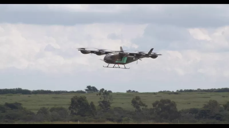 Prototipo de eVTOL a escala real del eVTOL de Eve Air Mobility en vuelo. Foto: Eve Air Mobility