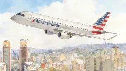Ilustraci�n de un Embraer 175 de American Eagle sobrevolando Venezuela.