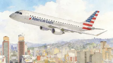 Ilustraci�n de un Embraer 175 de American Eagle sobrevolando Venezuela.