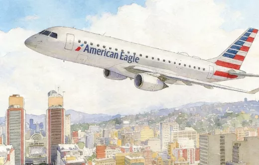 Ilustraci�n de un Embraer 175 de American Eagle sobrevolando Venezuela.