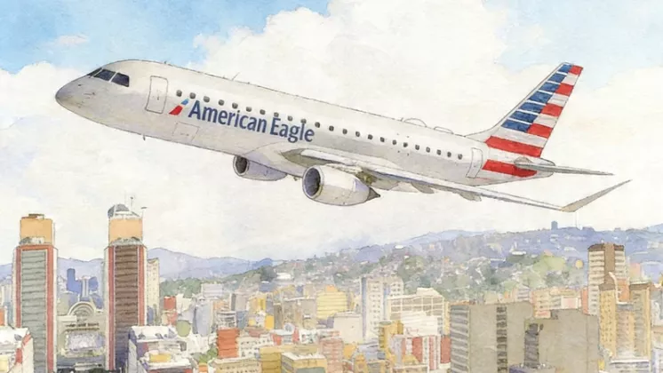 Ilustraci�n de un Embraer 175 de American Eagle sobrevolando Venezuela.