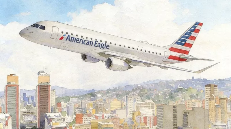 Ilustraci�n de un Embraer 175 de American Eagle sobrevolando Venezuela.