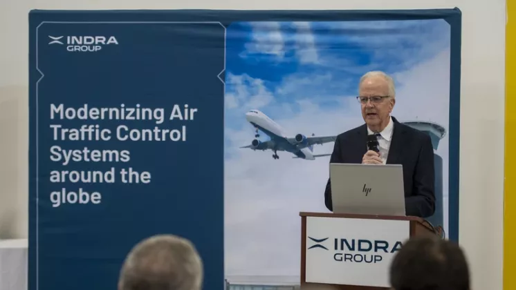 l senador americano Jerry Moran durante su intervenci�n en la inauguraci�n del nuevo centro de fabricaci�n de radares de Grupo Indra en Kansas.