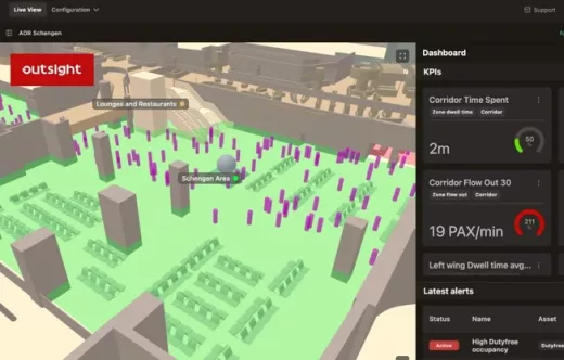 Panel de monitorizaci�n de Outsight que muestra, en tiempo real, los flujos de pasajeros y los niveles de ocupaci�n en la zona Schengen del aeropuerto de Roma Fiumicino. Foto: Outsight