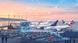 Representaci�n generada con IA sobre el control digital en tiempo real del equipaje de los viajeros de avi�n basado en el Sistema Comunitario de Equipaje (BCS).