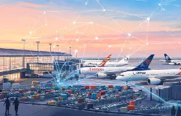 Representación generada con IA sobre el control digital en tiempo real del equipaje de los viajeros de avión basado en el Sistema Comunitario de Equipaje (BCS).