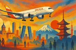 Ilustraci�n generada con IA, sobre los vuelos de Iberia entre Madrid y Tokio.