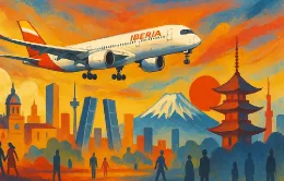 Ilustración generada con IA, sobre los vuelos de Iberia entre Madrid y Tokio.